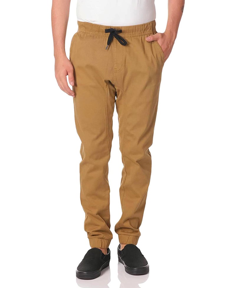 WT02 Young Menâ€™s Jogger Pants In Basic Solid Colors and Stretch Twill Fabric Pants, -tobacco, Large - Image 1